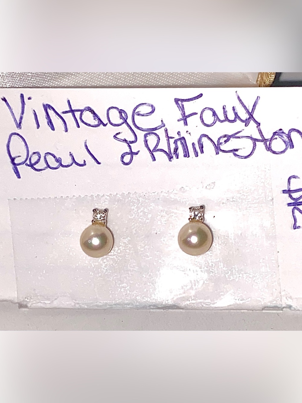 Vintage Faux Pearl Drop Stud Earrings with Rhinestone Accent - Cream